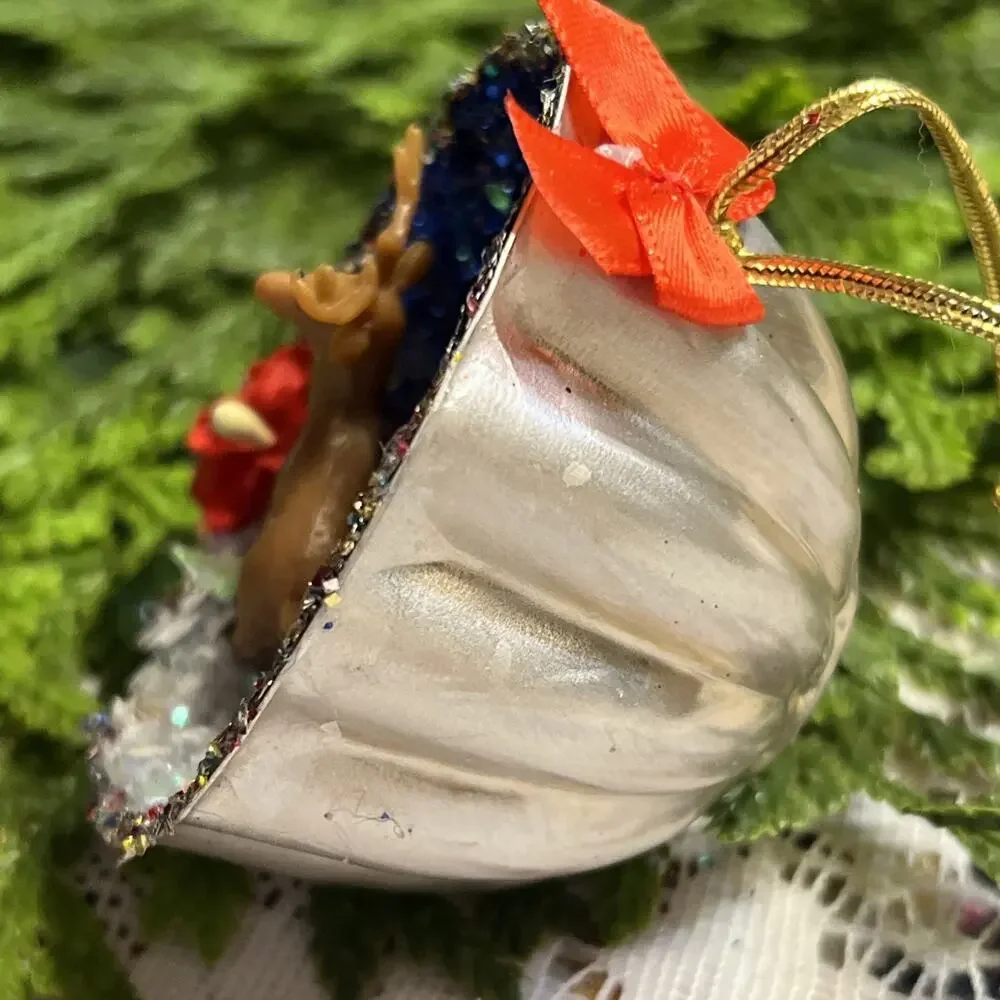 Vintage Round Tart Tin Deer Tree Mushroom Diorama Mid Century Reindeer Ornament